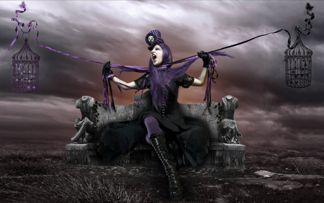 Обои картинки фото фэнтези, фотоарт, девушка, ведьма, колдунья, клетки, цилиндр, готика