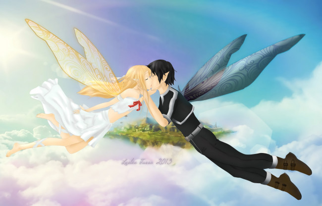 Обои картинки фото аниме, sword art online, парень, фон, взгляд, девушка