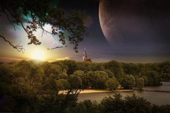 Обои картинки фото разное, компьютерный дизайн, мариенкирхе, замок, закат, германия, нойбранденбург