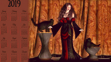 Картинка календари 3д-графика кошка девушка занавес