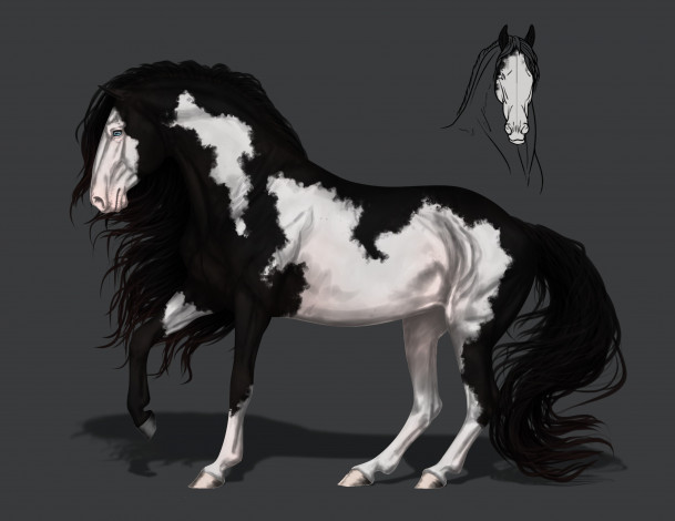 Обои картинки фото рисованное, животные,  лошади, грива, конь, фон