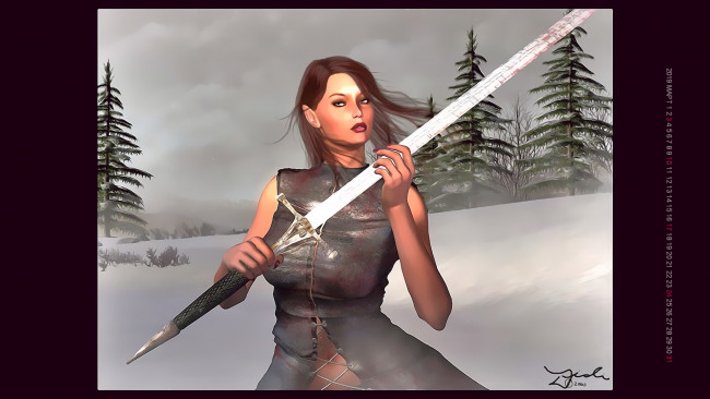 Обои картинки фото календари, 3д-графика, воительница, девушка, деревья, оружие