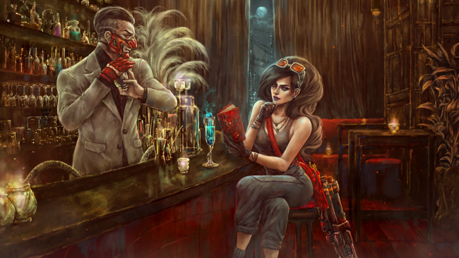 Обои картинки фото рисованное, комиксы, оружие, бар, маска, фон, мужчина, девушка