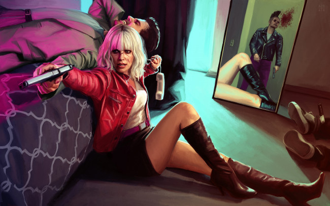 Обои картинки фото рисованное, кино, пистолет, фон, зеркало, мужчины, девушка