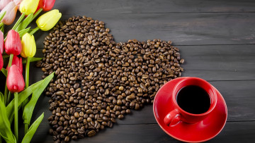 Картинка еда кофе +кофейные+зёрна тюльпаны зерна цветы