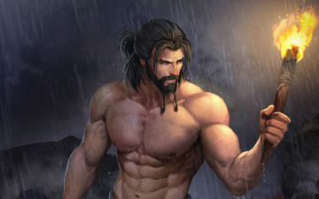Картинка фэнтези люди дождь факел мужчина волк