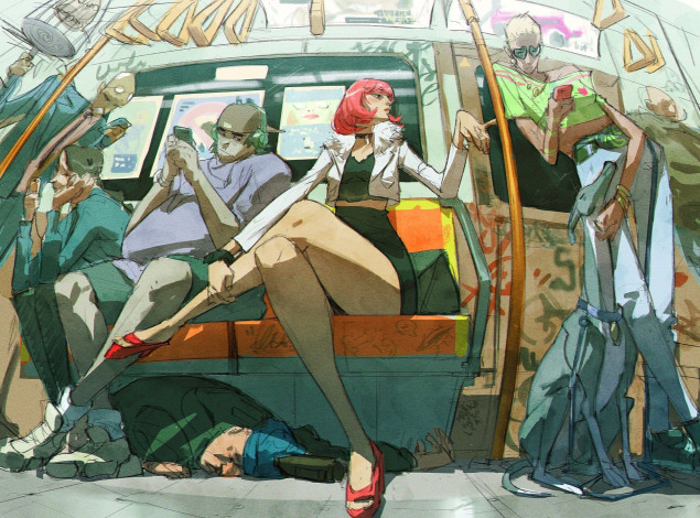 Обои картинки фото рисованное, люди, метро, собака