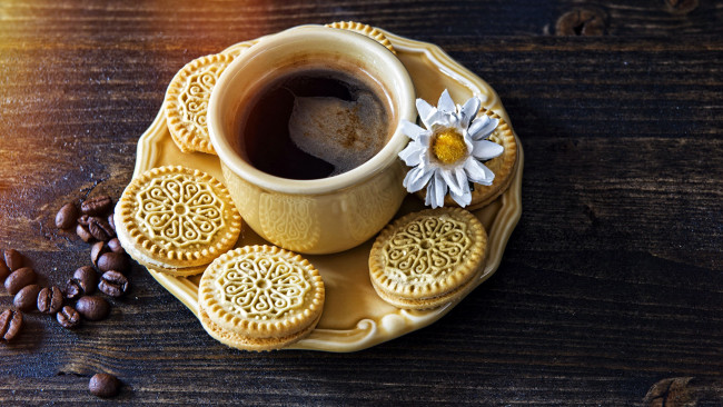 Обои картинки фото еда, кофе,  кофейные зёрна, зерна, печенье