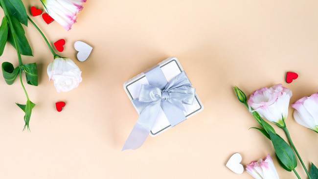 Обои картинки фото праздничные, подарки и коробочки, эустома, подарок, бант, лента