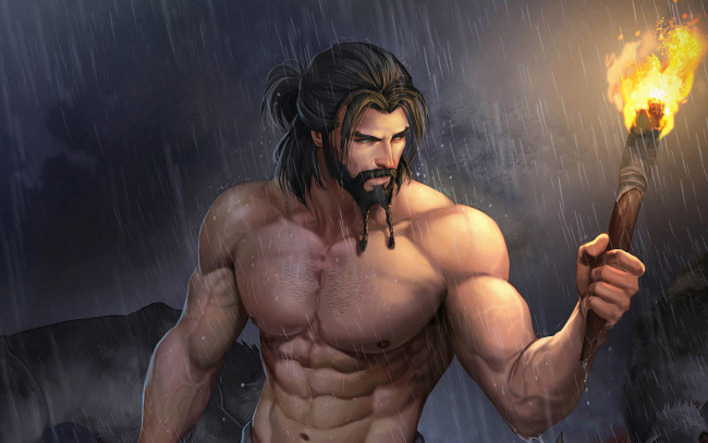 Обои картинки фото фэнтези, люди, дождь, факел, мужчина, волк