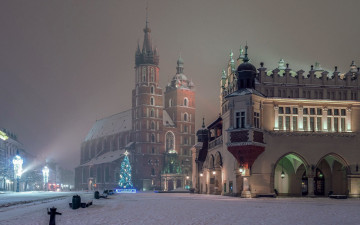 Картинка города краков+ польша зима площадь костел