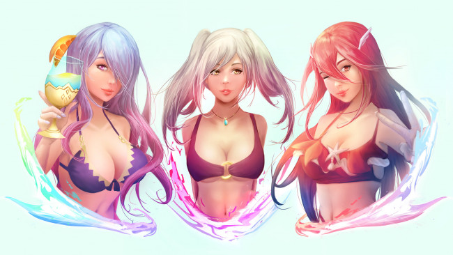 Обои картинки фото аниме, unknown,  другое , девушки, фон, взгляд, купальник