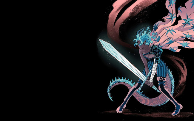 Обои картинки фото фэнтези, существа, девушка, меч, хвост