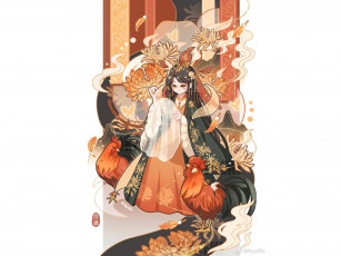 Картинка аниме животные +существа девушка цветы петухи