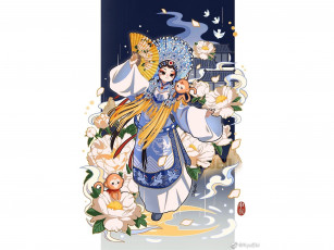 Картинка аниме животные +существа девушка веер обезьяны цветы