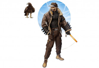 Картинка аниме животные +существа мужчина кепка очки куртка палка орел