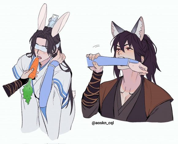 Обои картинки фото аниме, mo dao zu shi, сюэ, ян, сяо, синчень, ушки, морковка, рука