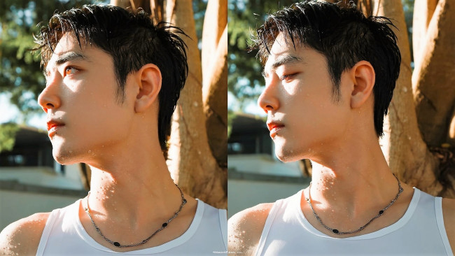 Обои картинки фото мужчины, xiao zhan, лицо, майка, цепочка, капли