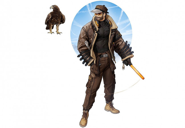 Обои картинки фото аниме, животные,  существа, мужчина, кепка, очки, куртка, палка, орел