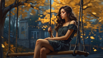 Картинка рисованное люди осень взгляд девушка дом парк качели листва платье смуглая ии-арт нейросеть