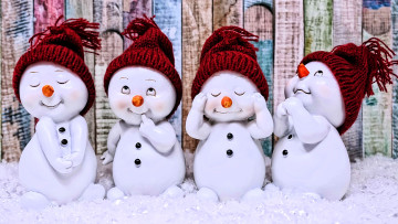 обоя праздничные, снеговики, забор, шапки, снег