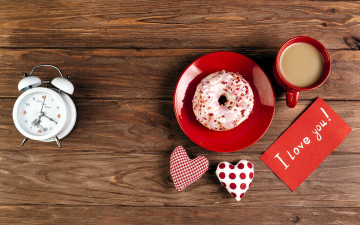 обоя праздничные, день святого валентина,  сердечки,  любовь, будильник, сердечки, блюдце, пончик, кофе