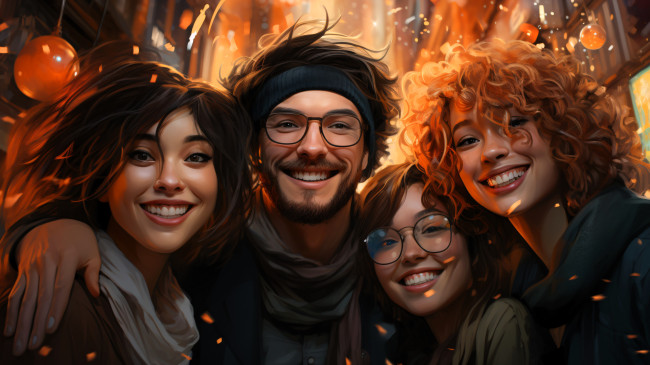 Обои картинки фото рисованное, люди, лица, очки, радость, праздник, улица