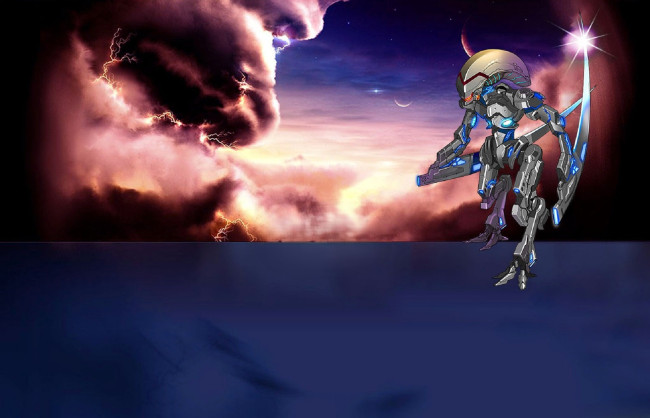 Обои картинки фото видео игры, zero online, космос, тучи, робот, оружие