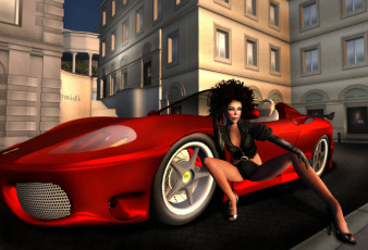 обоя 3д, графика, people, люди, автомобиль, девушка, улица, дома, ноги