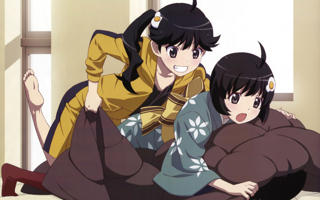 Обои картинки фото аниме, bakemonogatari, девушки, araragi karen, araragi tsukihi, форма, кимоно, заколка, комната