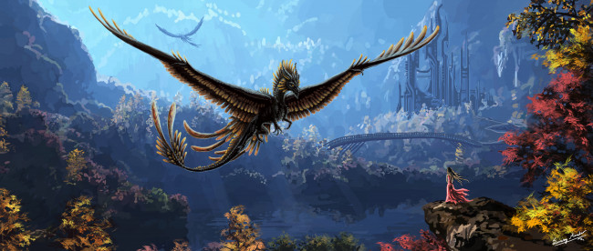 Обои картинки фото фэнтези, драконы, листья, деревья, вода, дракон, крылья, девушка, платье, мост