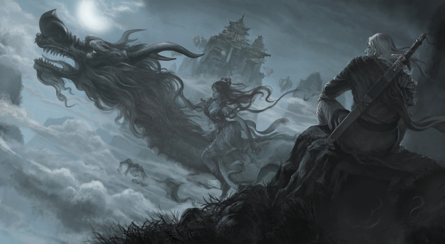 Обои картинки фото фэнтези, драконы, парень, девушка, дракон, меч, храм