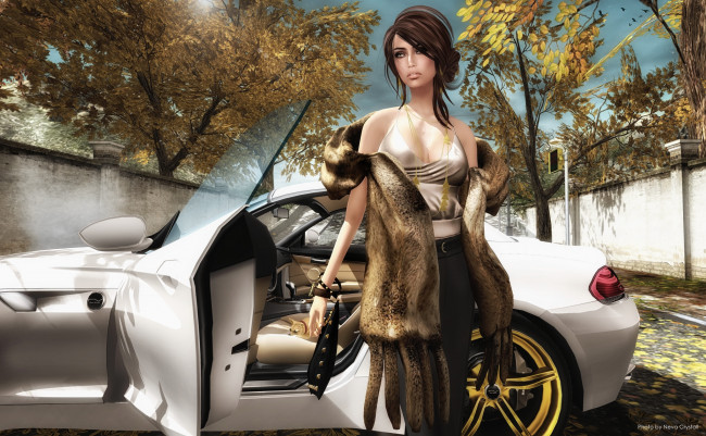 Обои картинки фото 3д, графика, people, люди, девушка, авто, шуба