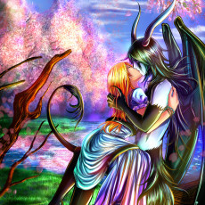 Картинка аниме bleach парень рога озеро улькиорра шиффер аранкар пустой фан арт поцелуй крылья орихиме сакура объятия деревья рыжая брюнет девушка