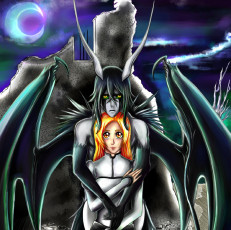 Картинка аниме bleach фан арт крылья рыжая брюнет девушка орихиме улькиорра шиффер аранкар пустой руины луна ночь взгляды рога парень объятия