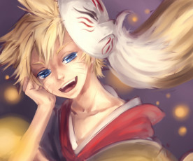 Картинка аниме naruto улыбка арт узумаки голубые глаза мальчик блондин хвост огни маска наруто