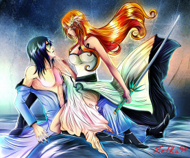 Картинка аниме bleach блич фан арт улькиорра шиффер орихиме парень девушка брюнет рыжая меч аранкары