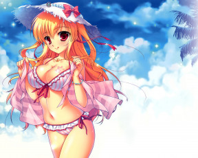 Картинка mikeou аниме девушка взгляд улыбка смущение бикини грудь шляпа