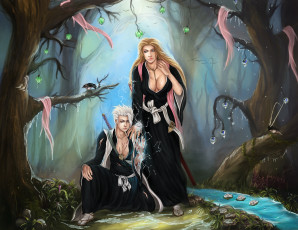 Картинка аниме bleach hitsugaya toshiro matsumoto rangiku парень девушка лес ручей птица глаза