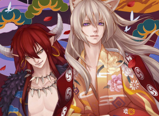 Картинка аниме -animals парни рога уши кимоно бусы серьги узор фон