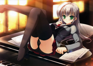 Картинка mikeou аниме девушка взгляд удивление поза рояль ноты