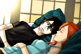Картинка аниме bleach фан арт пара подушка лежат парень девушка улькиорра шиффер орихиме взгляд романтика рыжая брюнет окно солнце сияние