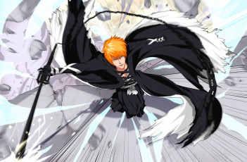 Картинка аниме bleach блич парень рыженький ичиго куросаки занпакто цепь камни взгляд полёт