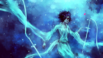 Картинка аниме bleach девушка ленты занпакто мечи белые одежды кучики брюнетка рукия