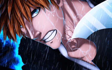 Картинка аниме bleach блич ичиго куросаки злость дождь капли взгляд парень рыжий