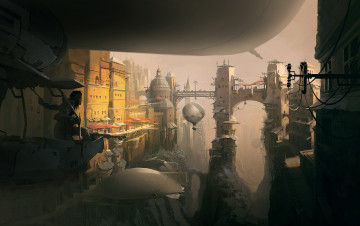 Картинка фэнтези иные+миры +иные+времена иной мир дирижабли город мосты