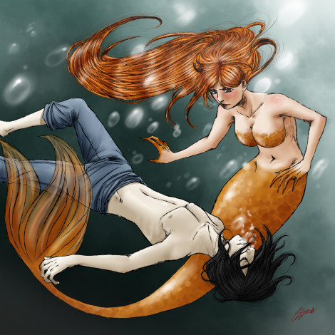 Обои картинки фото аниме, bleach, фан, арт, вода, пузыри, орихиме, блич, улькиорра, девушка, парень, русалка, рыжая, брюнет