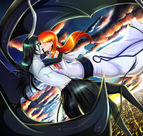 Обои картинки фото аниме, bleach, блич, фан, арт, пара, брюнет, рыжая, девушка, парень, любовь, орихиме, улькиорра, шиффер, аранкар, полёт, небо, облака, закат, город, объятия