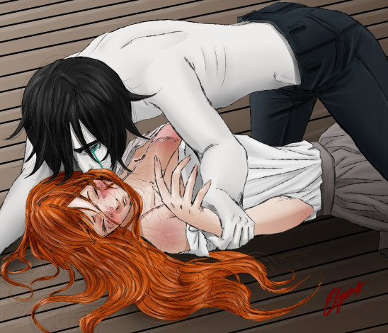Обои картинки фото аниме, bleach, фан, арт, блич, орихиме, улькиорра, шиффер, аранкар, поцелуй, пара, брюнет, рыжая, девушка, парень, любовь