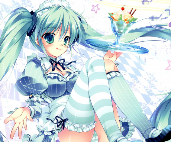 Обои картинки фото mikeou, аниме, язык, девушка, белье, бантики, вишенка, мороженое